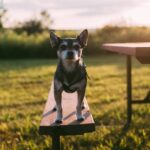 Adorable small dog standing on a wooden bench in a sunny park setting.